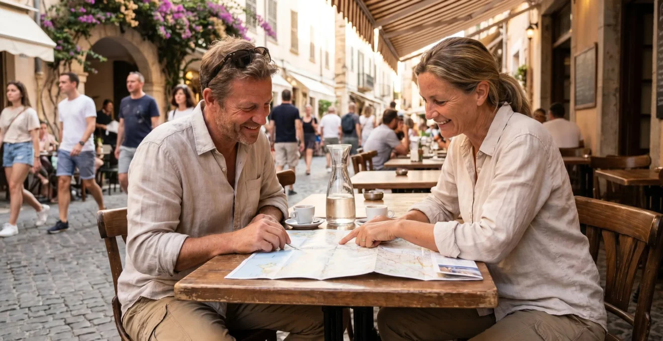 Couple de vacanciers étudiant une carte de Sardaigne pour planifier leur itinéraire depuis le port de débarquement