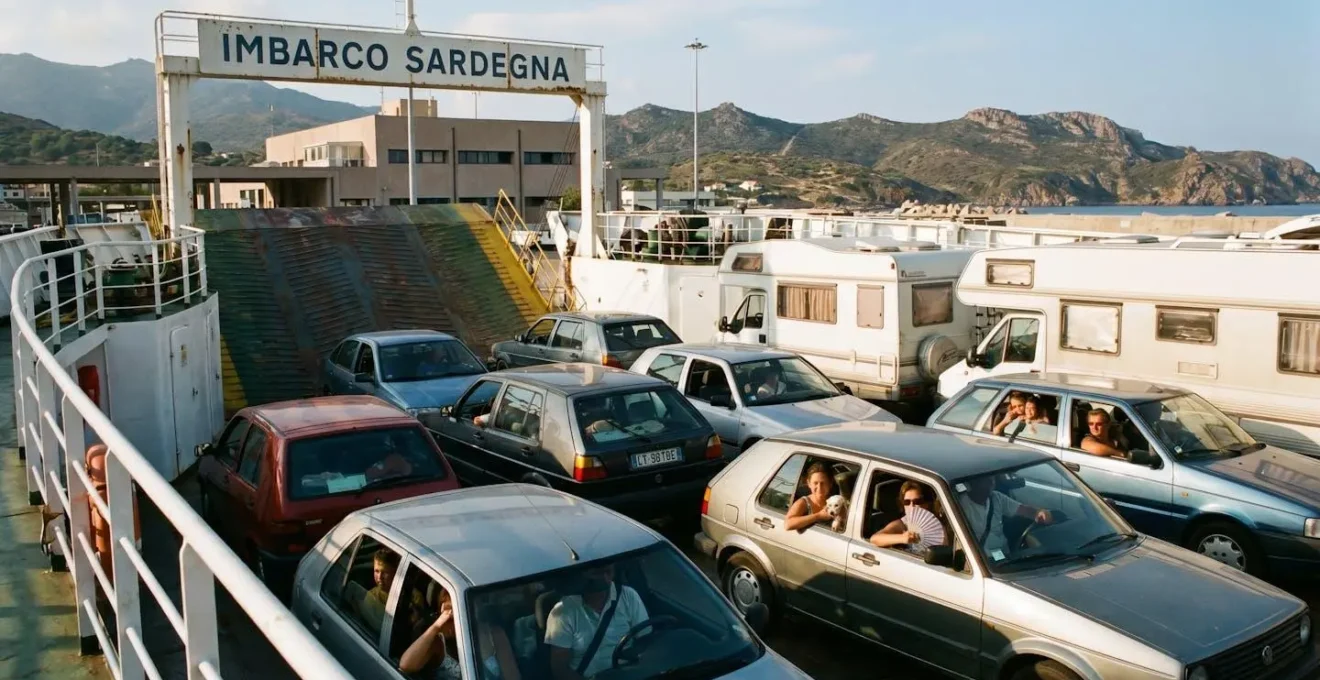 File de voitures attendant sur la rampe de débarquement d'un ferry sarde pendant la haute saison estivale