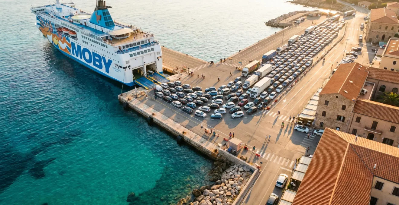 Vue aérienne d'un terminal ferry en Sardaigne avec files de véhicules attendant le débarquement au quai